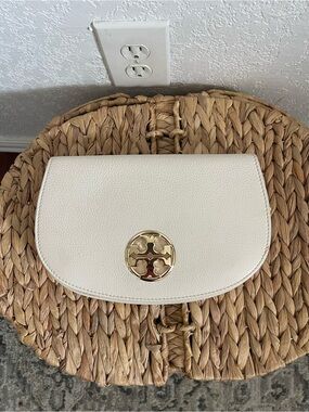 Tory Burch Ivory Pebbled Leather Crossbody with Gold Logo